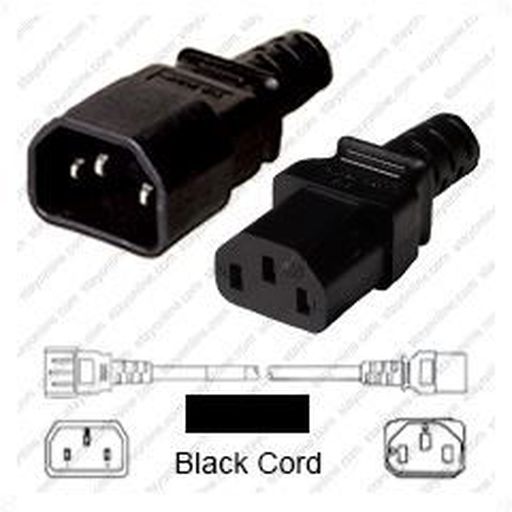 IEC320 C14 Male Plug to C13 Connector 2.5 meters / 8 feet 10A/250V 18/3 SJT Black - Power Cord